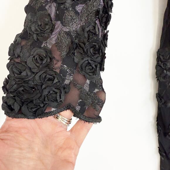 Aqua Long Sleeve Embroidered 3D Floral Applique Dress Black Sheath Women's 12 - Picture 5 of 14